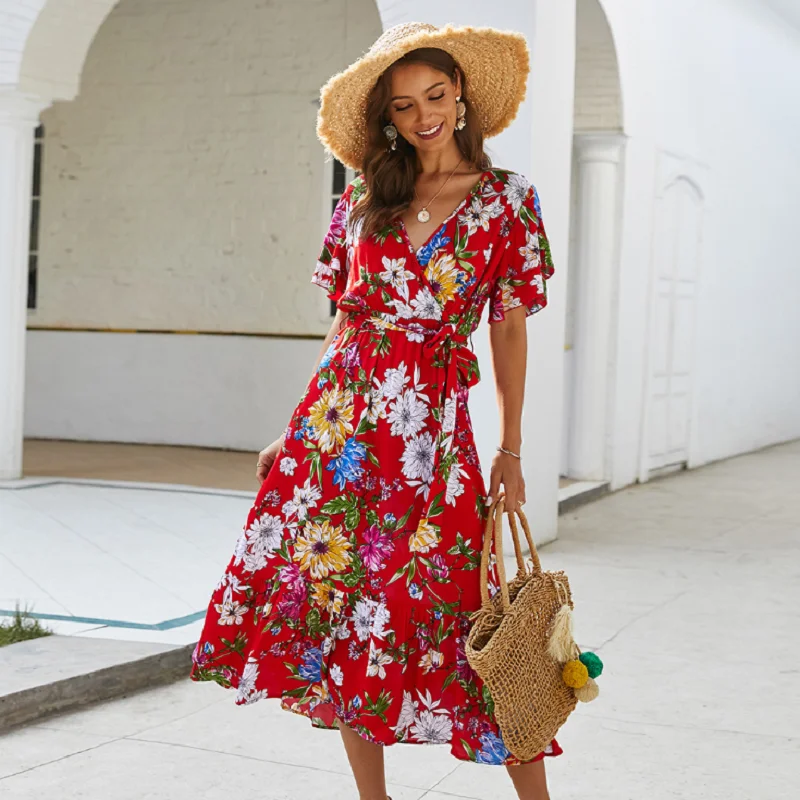 

2020 New Women Floral Print Beach Long Dress Summer Boho Maxi Sundress Casual Short Sleeve Elegant V-Neck Dress Party Vestidos