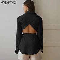 wannathis blouse women long sleeve hollow out lace up shirts casual fashion sexy turn down collar front button solid autumn top