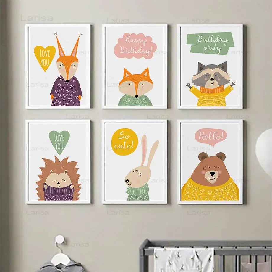 

Cute Fox Raccoon Rabbit Bear Quotes Wall Art Canvas Painting Nordic Cartoon Animals Posters and Prints for Kids Room Nursery