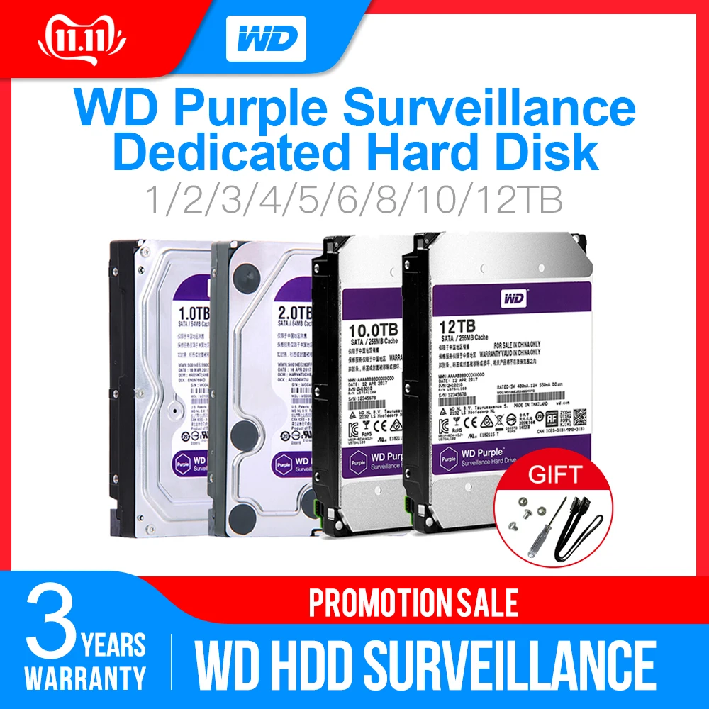 Жесткий диск Western Digital WD фиолетовый HDD для наблюдения 1 ТБ 2 ТБ 3 ТБ 4 ТБ SATA 6,0 ГБ/сек. 3," жесткий диск для видеонаблюдения Камера AHD DVR IP NVR