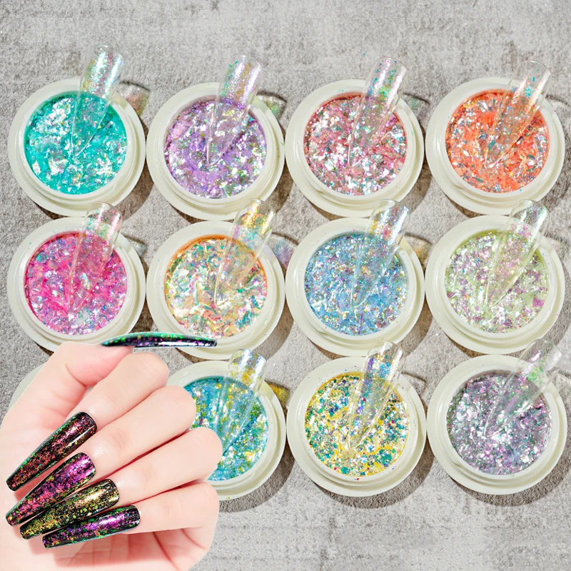 

12Colors Nail Art Neon Pigment Irregular Foil Shiny Mirror Powders Dreamy Mermaid Flashing Fragile Glitter Loose Opal Flake 1jar