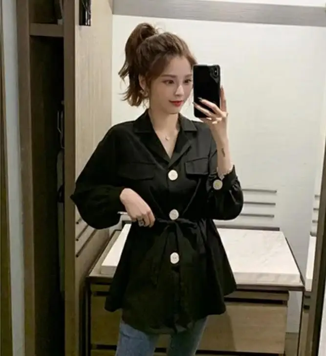 

Lace-up Pocket Button Lantern Sleeve Shirt Femal Suit Collar Loose Solid Color Single-breasted Long-sleeved Blouses Women Spring