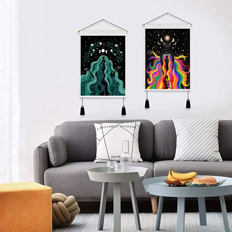 

Indian Moon Phase Girl for Canvas Painting with Frame Poster for Living Room Decoration Wall Art with Wood Hanging Scroll Tassel