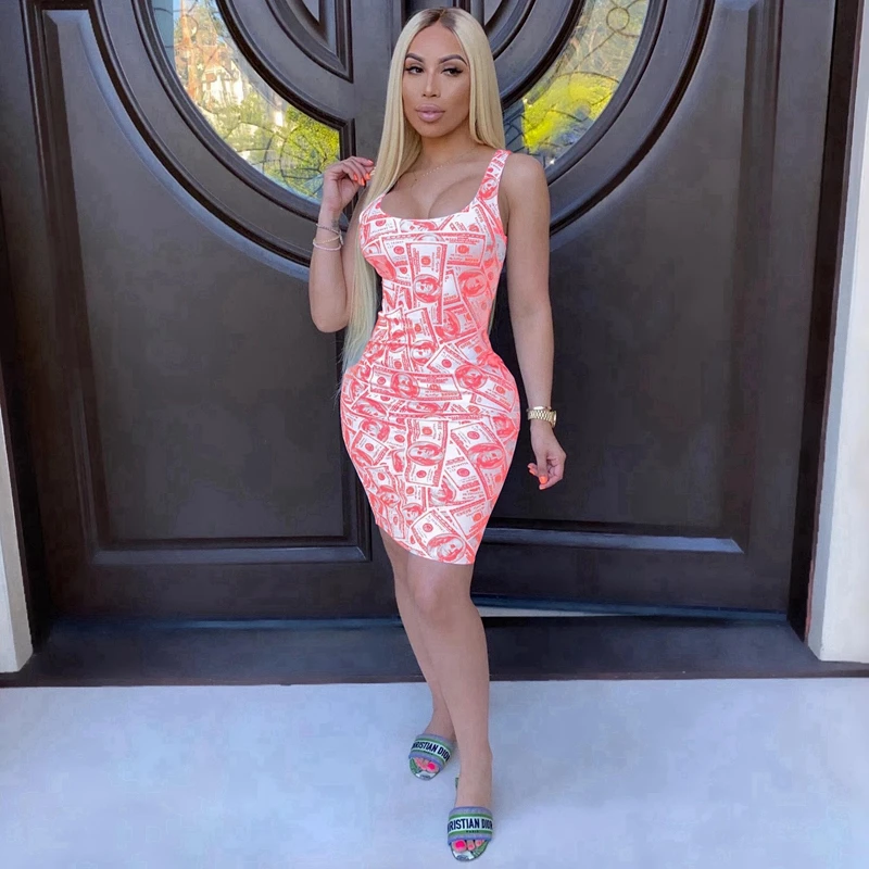 Сексуальная Bodycon вечерние платье для женщин деньги печати Slim Fit Пляжное повязки