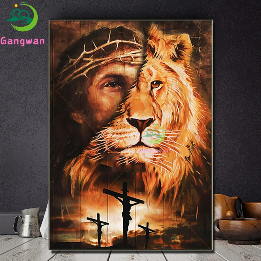 

Jesus Lion Lamb Posters Diy Diamond Painting Cross Stitch Full square round Drill diamond embroidery God Bible Christ Decoration