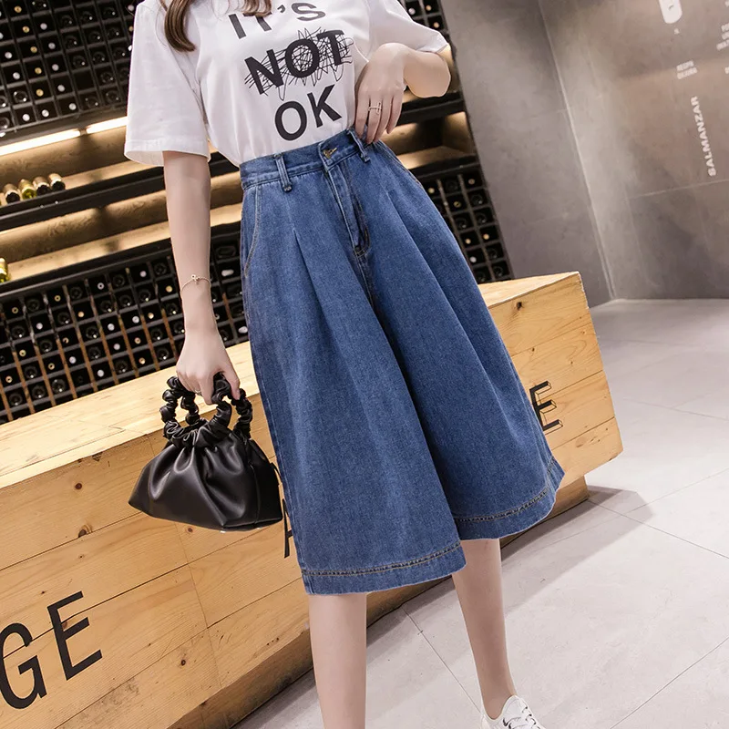 

2020 New Summer Plus Size Woman Half Jeans Korean Style High Waist Slim Fit Denim Knee-length Wide Leg Pants