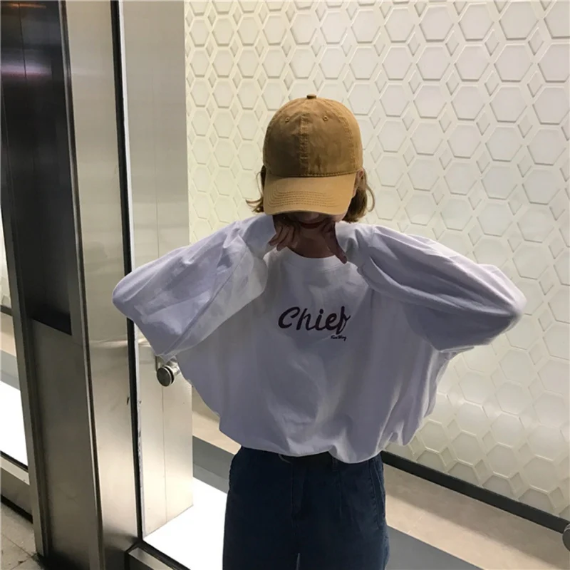 

2019 Spring Autumn Chic T-shirt Loose Student Style All-match Letter Print O-neck Long Sleeve Breathable Tee Female tshirt