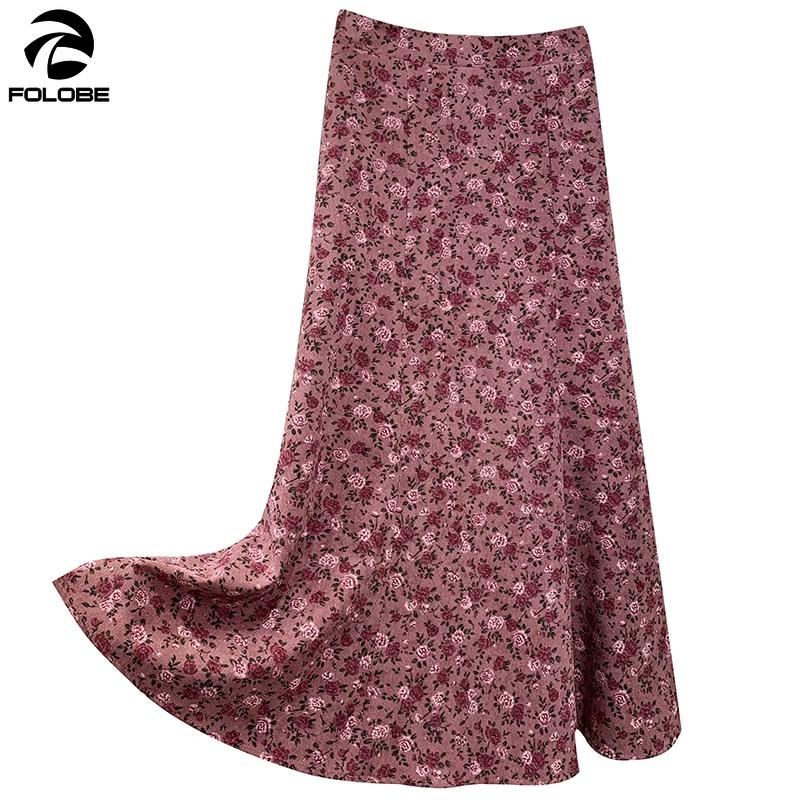

FOLOBE 2020 Vintage Autumn Winter Shredded Flower Skirt Women Corduroy High Waist Mermaid Skirt Casual Printed Mid-Calf Skirt