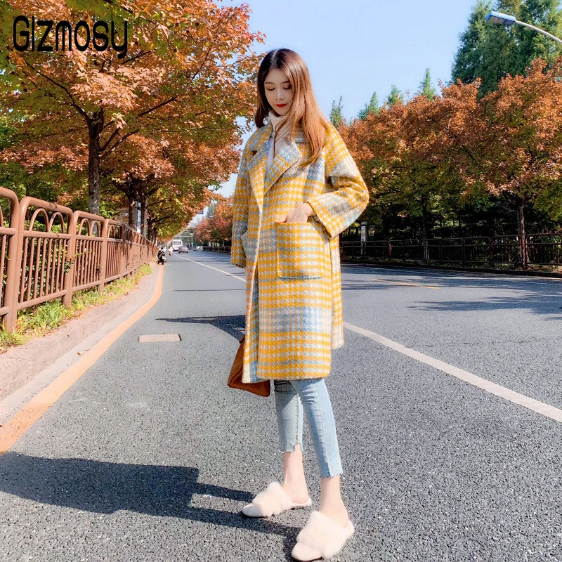 Женское шерстяное пальто в клетку желтое толстое теплое средней длины Осень зима