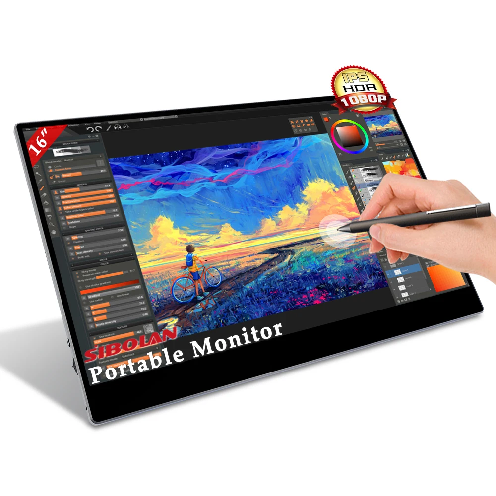 

16 Inch 1080p Portable Monitor Built-in Battery Display Gaming Monitor For Laptop With Stylus Pen Touchscreen USB Monitor