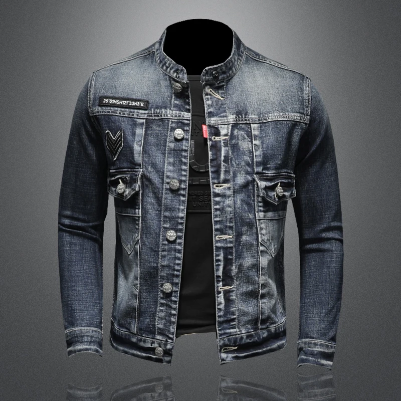 

2021 Men's Stand Collar Badge Denim Jacket Casual Locomotive European Style Denim Jacket Multi-pocket High Quality Outdoor Wear