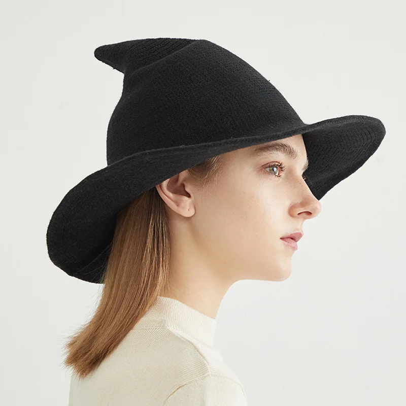 

Женская шерстяная шляпа ведьмы для Хэллоуина, Модная вязаная шляпа из овечьей шерсти для косплея, аксессуары для подарка девушке