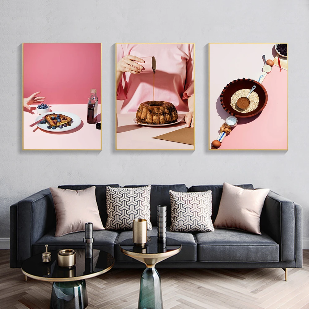 

Modern Pink Style Gourmet Art Print Posters Cookie Glaze Cake Canvas Painting Dining Room Nordic Home Decor On The Wall Pictures