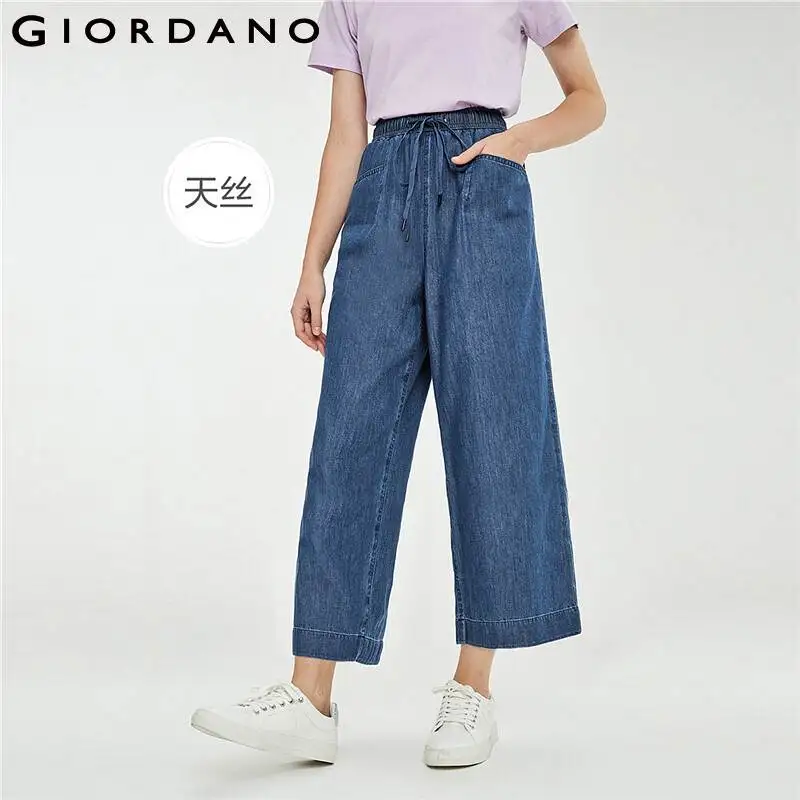 

Giordano Women Pants Elastic Waistband Drawstring Denim Pants Wide Leng Ankle Lengtgh Multi Pocket Vaqueros Mujer 18421201