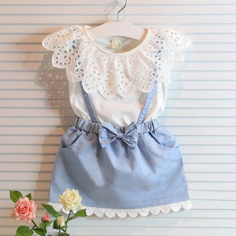 

1-6 years old girl summer Dress sweet nice hook flower round collar Splicing cowboy princess dresses quality children's clothing