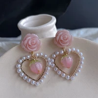 trendy gentle pink rose pearl earrings retro lovely hanging pendant new year engagement jewelry