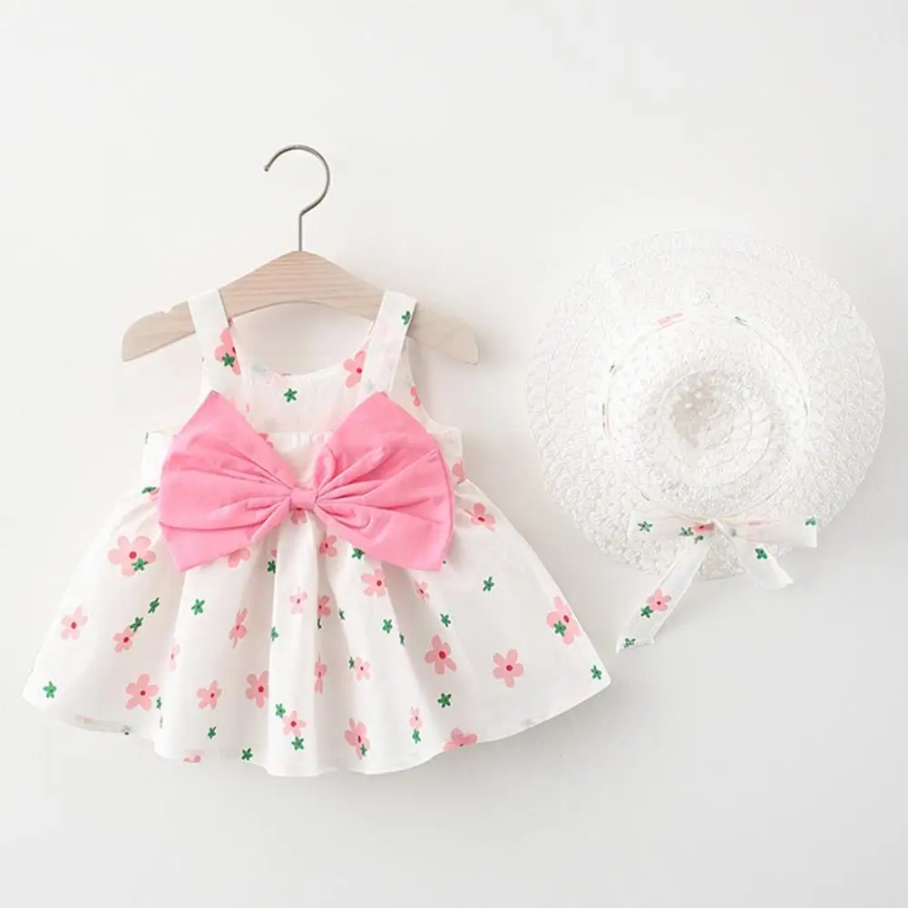 

2021 New Girls Casual Dresses Lovely Bow Decoration Children's Dress Floral Kids Dresses for Girls with Hat Baby Girl Dress 1-6Y