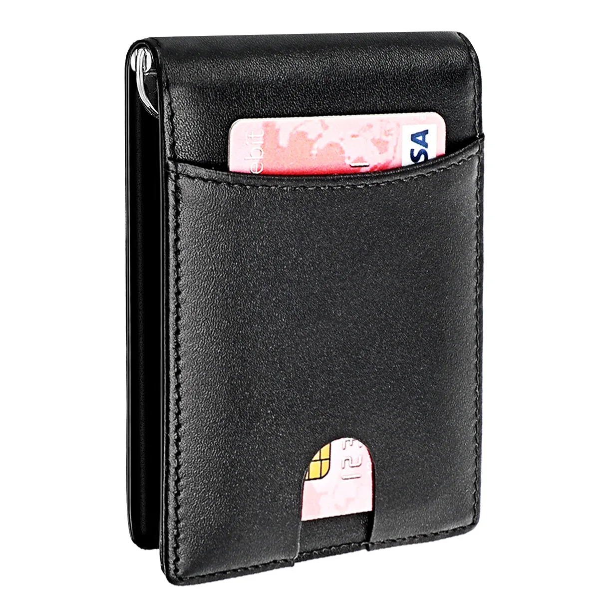 Homens de Couro Titular do Cartão de Identificação com Uma Braçadeira de Metal Novo Anti Rfid Genuíno Dinheiro Clipe Carteira Bifold Marca Masculina Bolsa