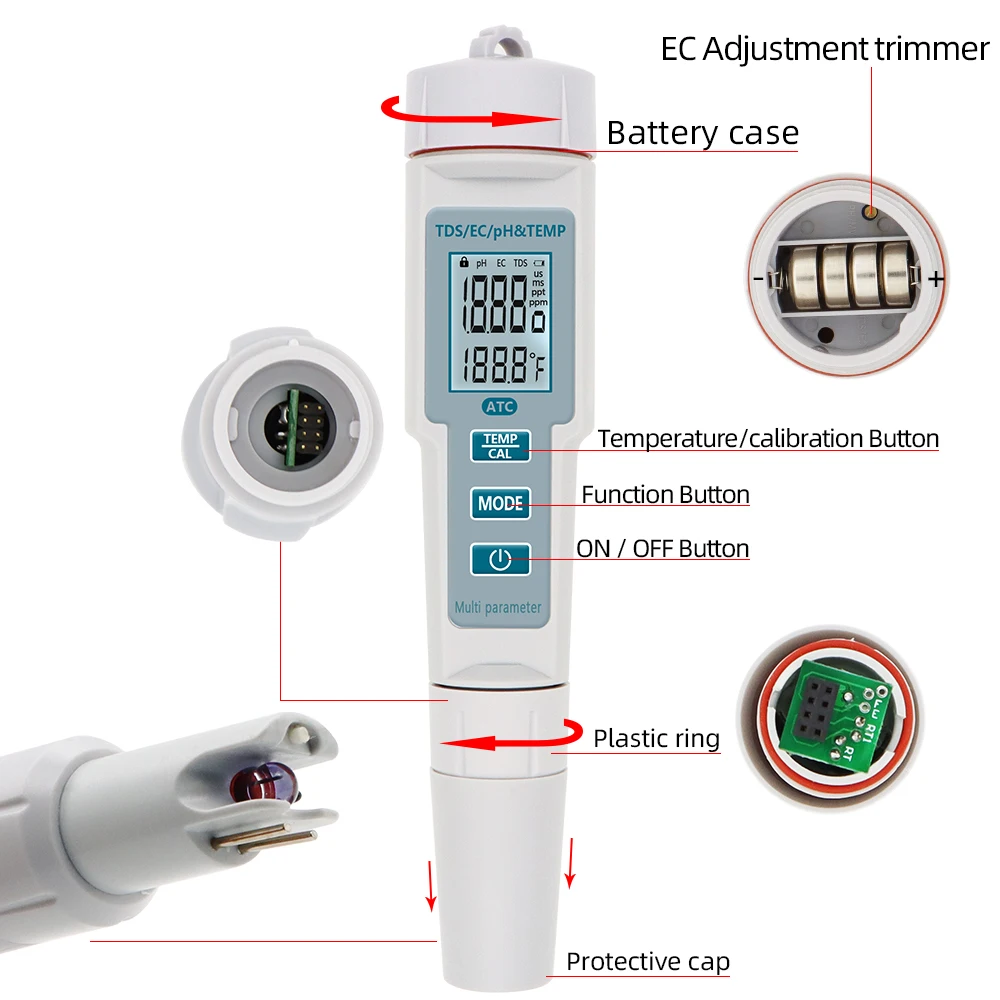 4 en 1 PH/TDS/CE/temperatura medidor impermeable medidor de PH calidad del agua del medidor de PH tester para piscinas de agua potable de acuarios, 40%