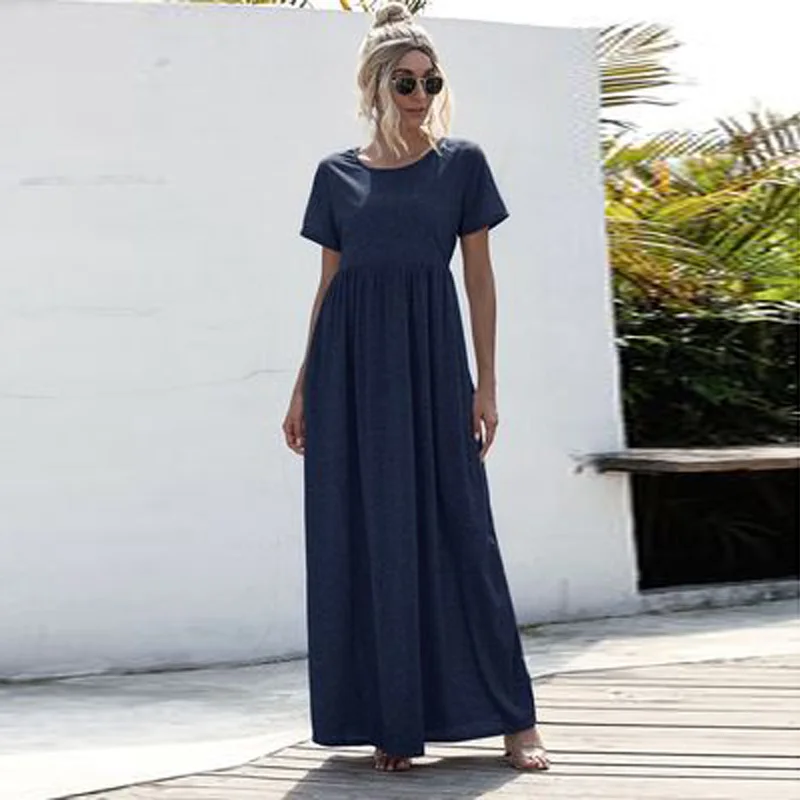 

Summer Solid Women Dress Plus Size Casual Women Maxi Dress Fashion O-neck Pockets Loose Patchwork Dress For Women 2021 New
