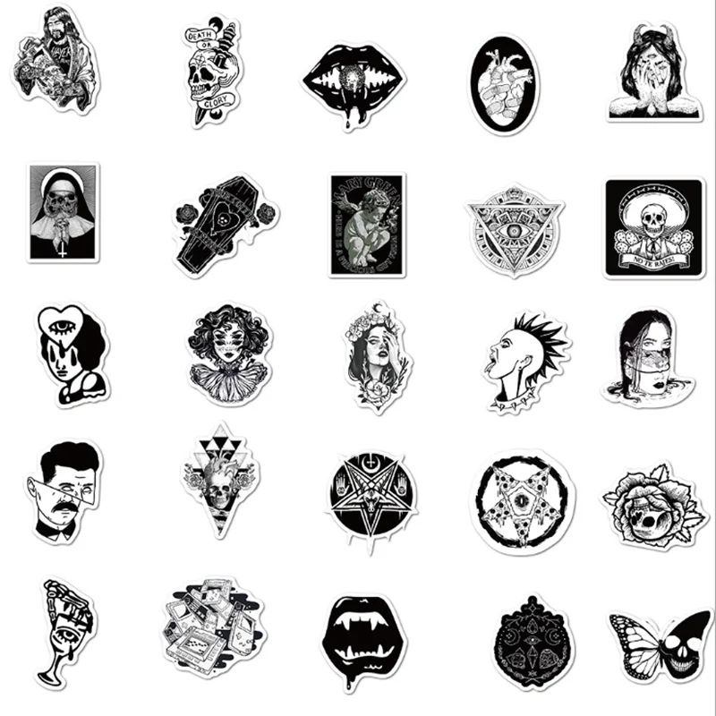 Pegatinas g&oacute;ticas de color blanco y negro para motocicleta, calcoman&iacute;as impermeables para monopat&iacute;n, equipaje, grafiti, decoraci&oacute;n de juguete, venta al por mayor, 10/30/50 Uds.-4