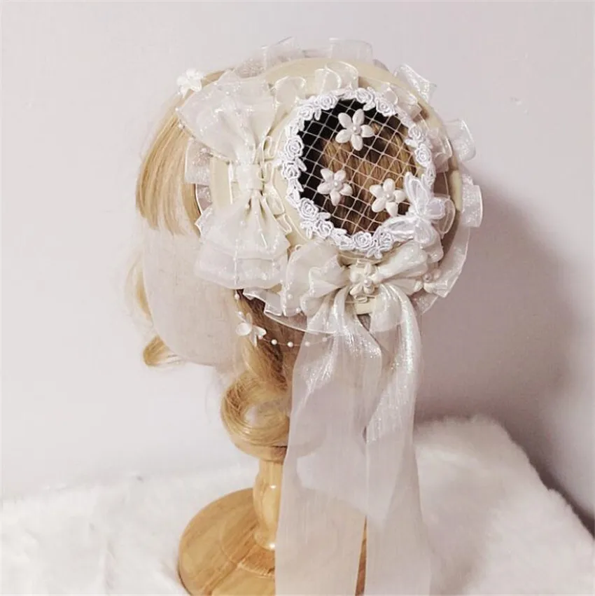 Бежевая шапка в стиле &quotЛолита&quot плоская шляпа кружевной бант Цветочная