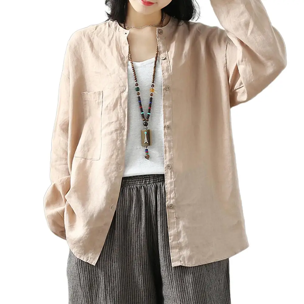 

MISSKY Women Shirt Solid Color Long Sleeve Spring Summer Cardigan Retro Cotton Lapel Shirt Loose Tops Female Blouse