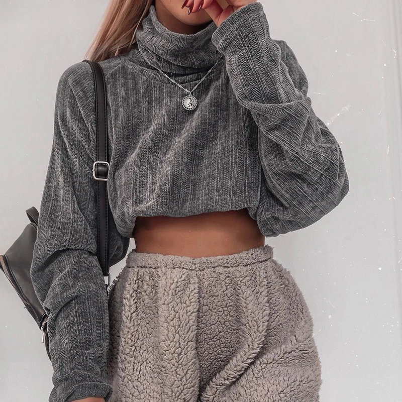 

Casual Knitted Solid Color Turtleneck Sweatshirt Spring and Autumn Pullover Short Loose Top Women's Sweatshirt Hoodie Streetwear
