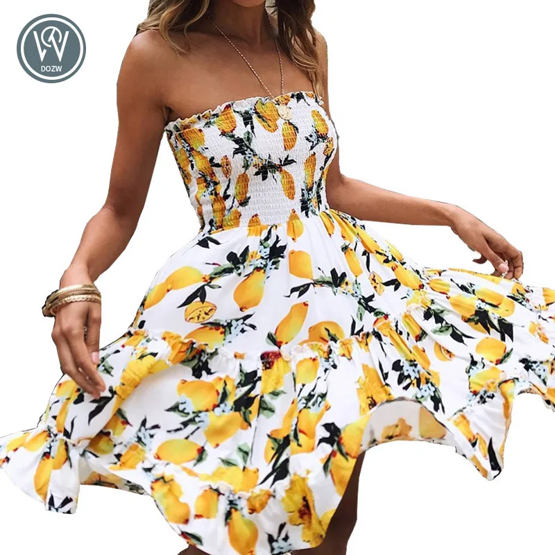 Женское короткое платье с оборками желтое цветочным принтом открытыми плечами