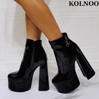 kolnoo new patent leather women chunky heel boots real pictures platform sexy ankle booties evening club fashion winter shoes