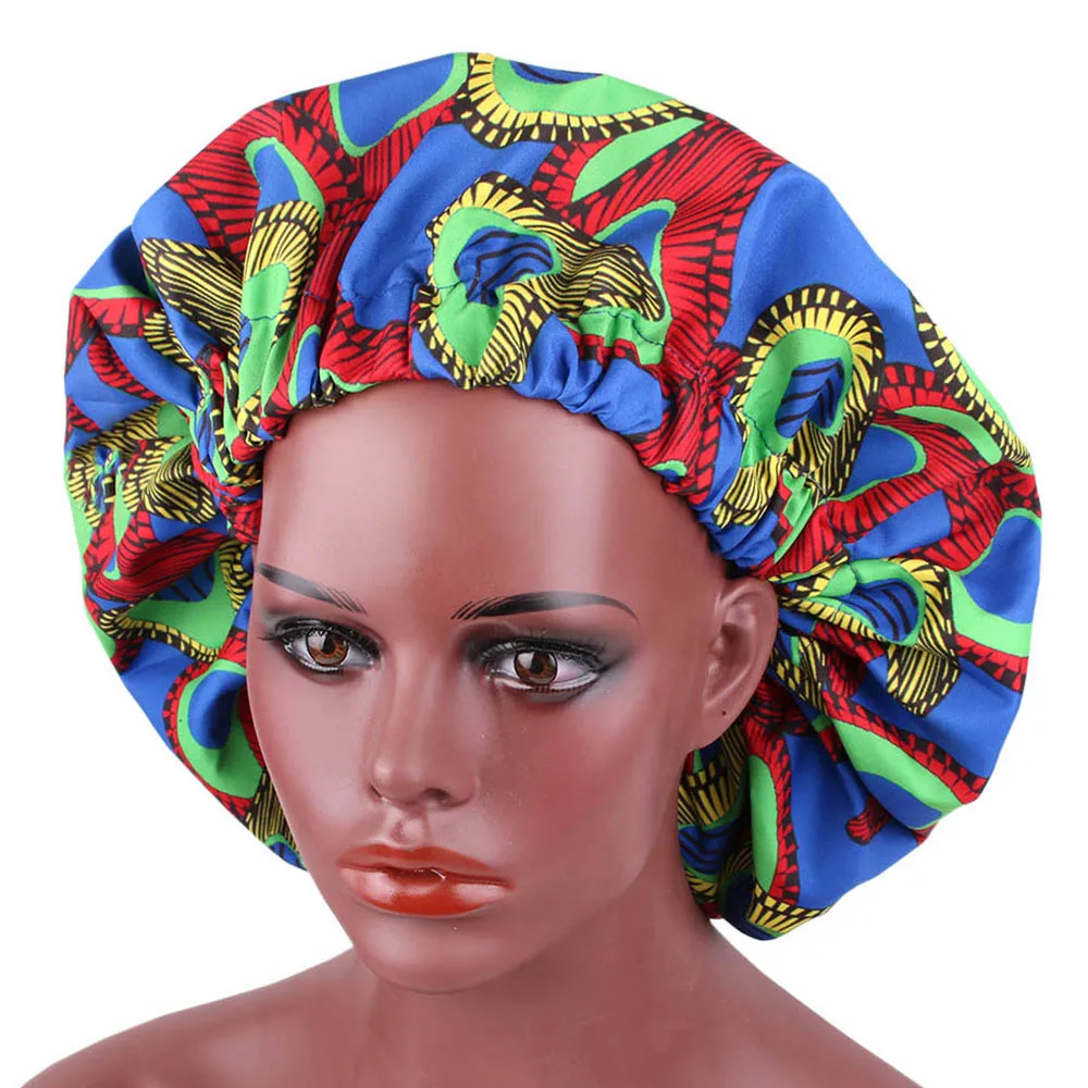 Королевский синий Extra Large Satin Lined African Bonnet Stretch Print Women Turban Ankara Bonnets Cap Hair Accessories - Цвет: Королевский синий
