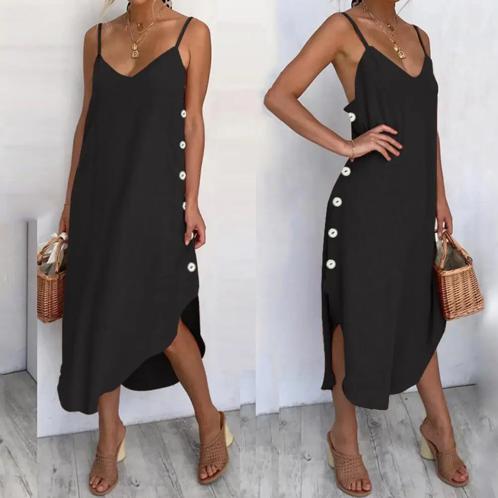 

Women Sexy Adjustable Straps Button Slitting Irregular Hem Midi Sling Dress great gifts for women