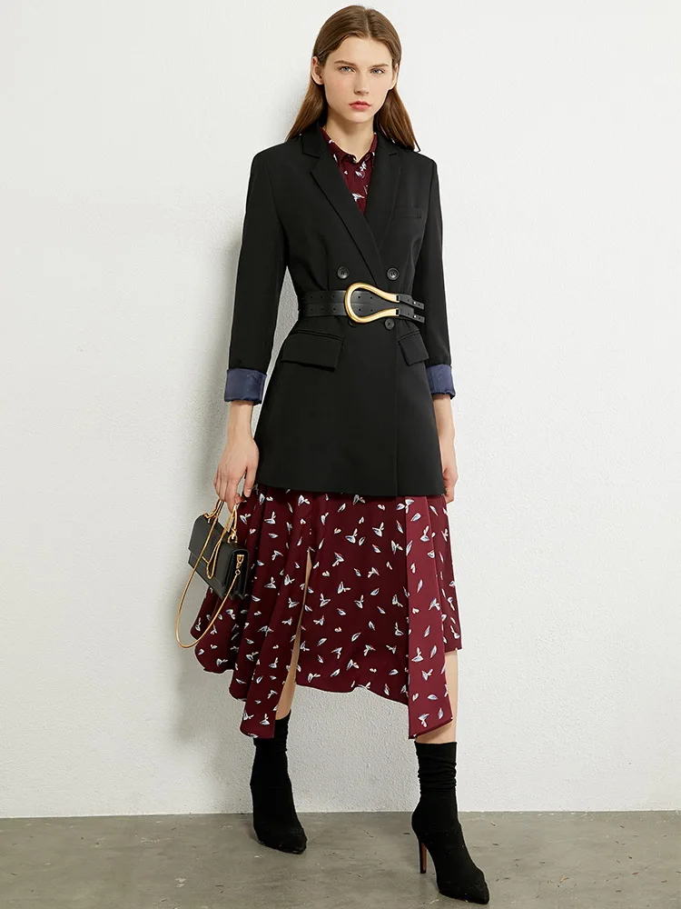 

Amii Minimalism Autumn Vintage Dresses For Women Fashion Printed Chiffon Dress Lapel High Waist Calf-length Dress 12040977