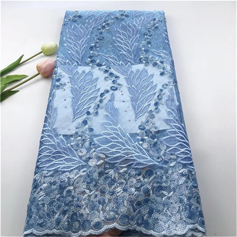 

Dark Blue Organza Lace Fabric French Sequins Lace Embdroidery High Quality African French Tulle Lace Fabric For African Wedding