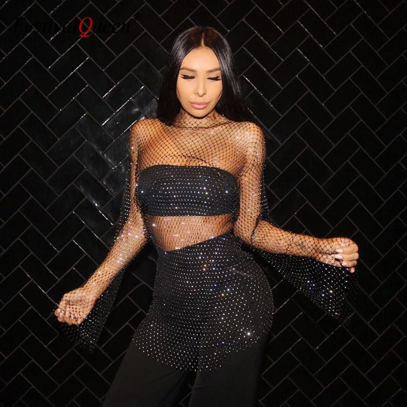 Сетчатое блестящее Прозрачное мини платье стразы с длинным рукавом сетчатые