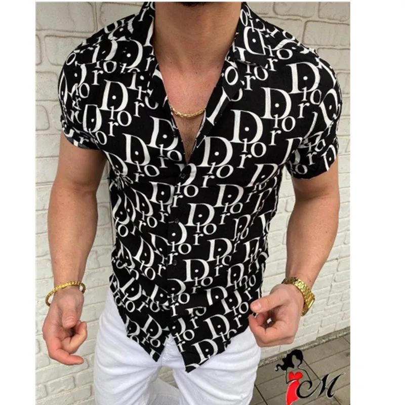 

2021 Summer New Brand Men Shirt Hawaiian Casual Printing Letter Clothes Slim Short Sleeve Turn-Down Collar Button Shirts M-3XL