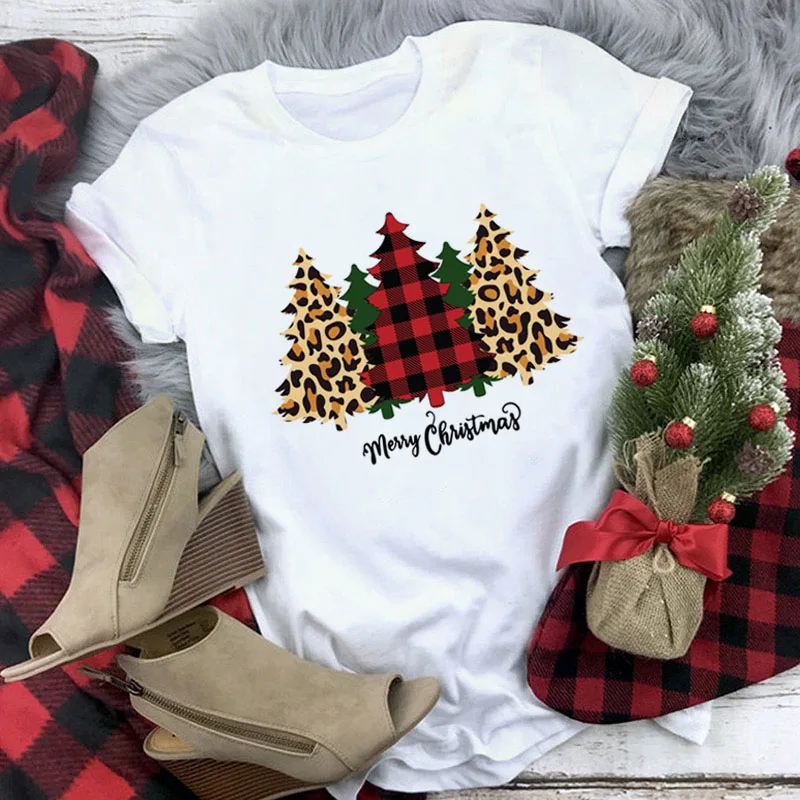 

Merry Christmas Women T Shirt Leopard Plaid Tree oversized Tshirt Graphic short sleeve Tee Shirts Christmas Tops Female Clothing