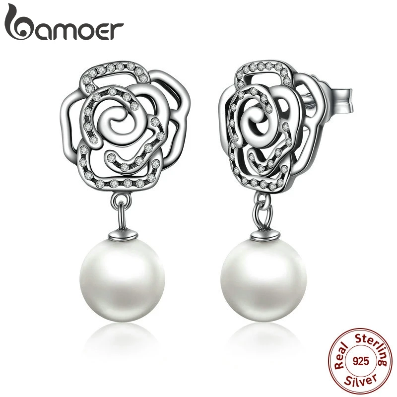 BAMOER, новинка, подлинный 925 пробы, серебро, Роза и жемчуг, женские серьги, высокое качество, висячие серьги, ювелирное изделие, SCE001