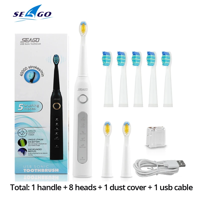 White Seago ультра звуковая электрическая зубная щетка sonic Wave чистая USB перезаряжаемая зубная щетка с сменными головками 1 ручка 8 головок - Цвет: White