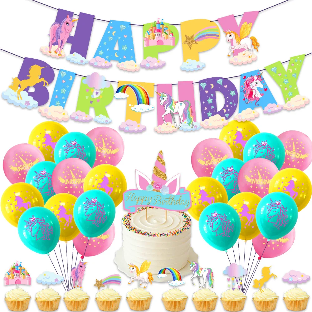 

Unicorn Theme Balloons Paper Banner Cake Card Inserting Flag Set Unicorn Birthday Party Decorations Kids' Party Set