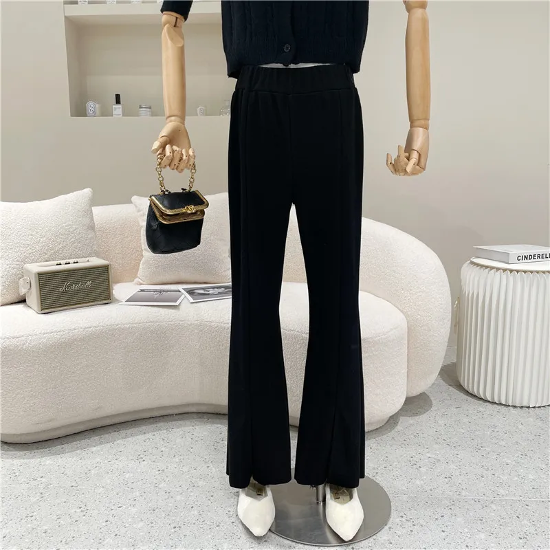 

Summer Women Pants Full Length Spring/Autumn High Street Elastic Waist Solid Flare Pants Broadcloth Women Clothes