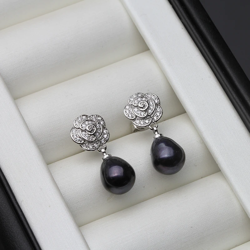 

Black 925 Sterling Silver Drop Earring Women,Real Natural Freshwater Flower Pearl Earring Bridesmaid