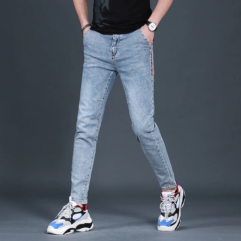 

Summer Men's Blue Stretch Jeans Fashion Letter Embroidery Slim Fit Ankle-Length Pants Streetwear Casual Cotton Denim Trousers