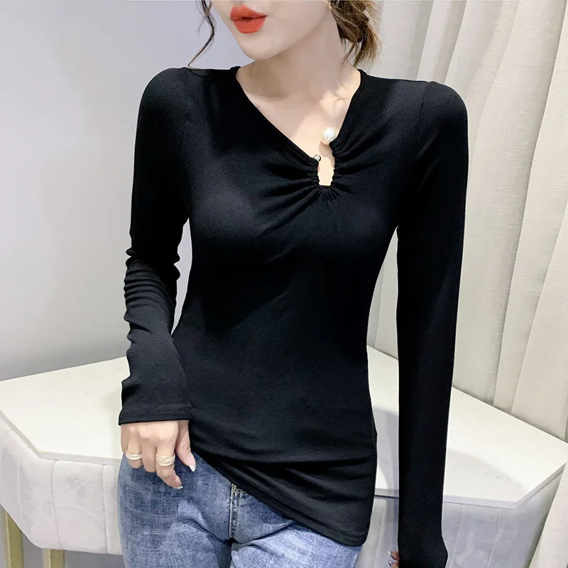 

#5653 White Black Casual Sexy T Shirt Women Irregualr V Neck Long Sleeve T-shirts Cotton Slim Woman Clothes Spring Autumn 2023