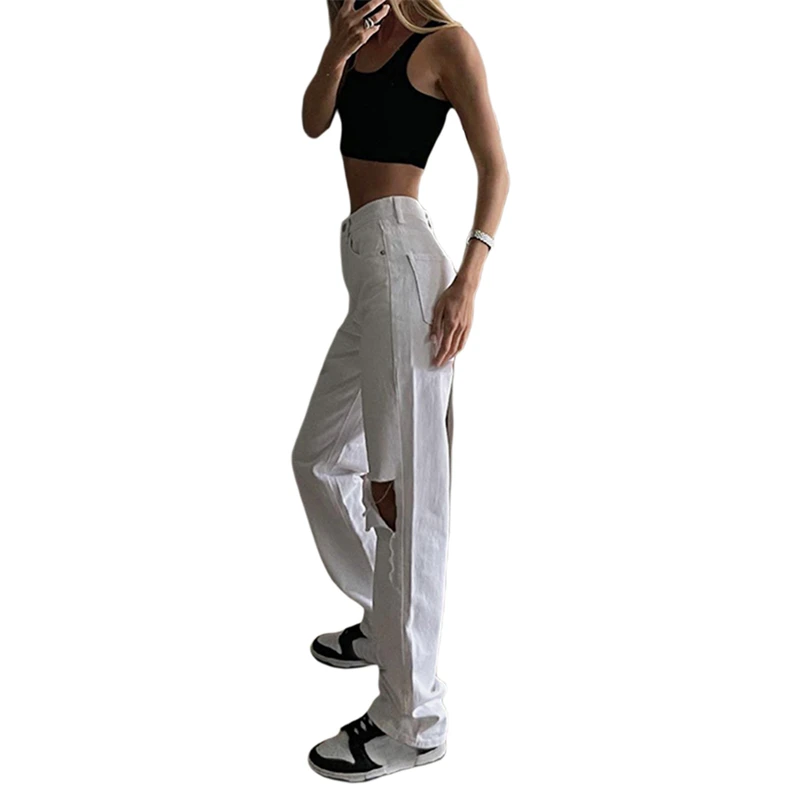

Hirigin Women Casual Streetwear Ripped Jeans Adults Solid Color Denim Trousers with Pockets (White) Y2k Jeans