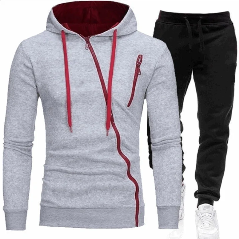 

Autumn And Winter New Men's Outdoor Hoodie Personalized Oblique Zipper Sports Leisure Hoodie Solid Color Warm Pants Men's Suit