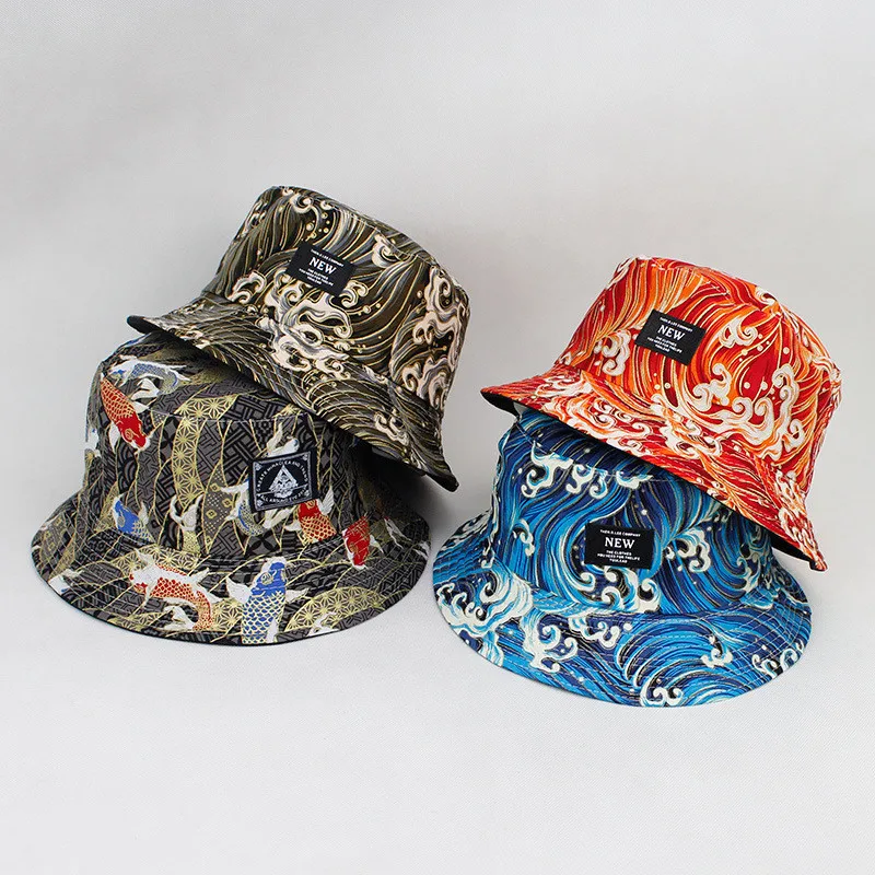 

2020 Cotton Koi Fish Print on Both Sides Bucket Hat Fisherman Hat Outdoor Travel Hat Sun Cap Hats for Men and Women