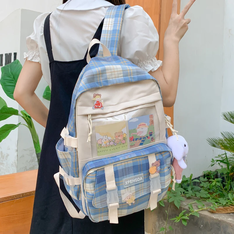 

Backpack Large Capacity Women Casual Students Schoolbag Korean Plaid Fashionable Girl Shoulder Bag Cute Schoolgirl Laptop Bag