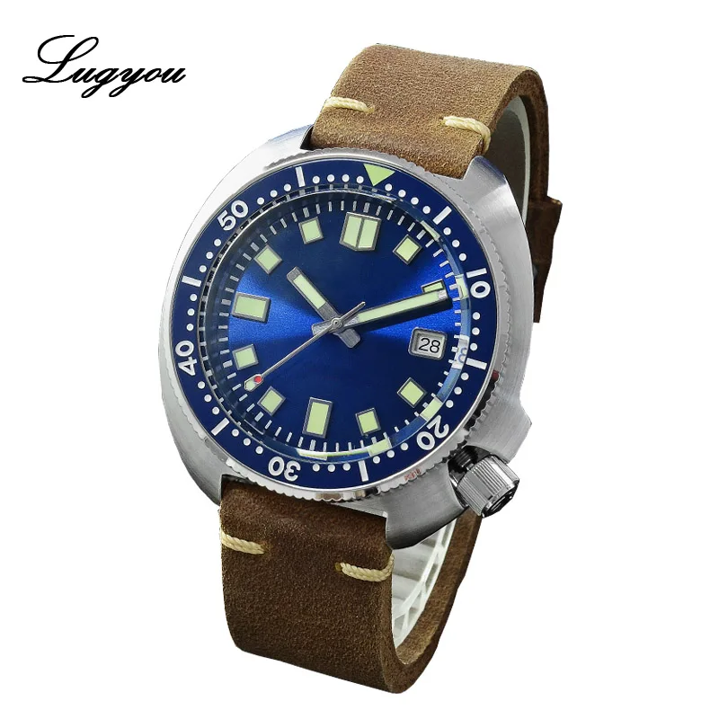 Blue No Logo Lugyou Сан Мартин черепаха Diver Мужские часы из нержавеющей стали механический керамический вращающийся ободок 20 бар сапфировый Кристалл кожаный ремешок - Цвет: Blue No Logo