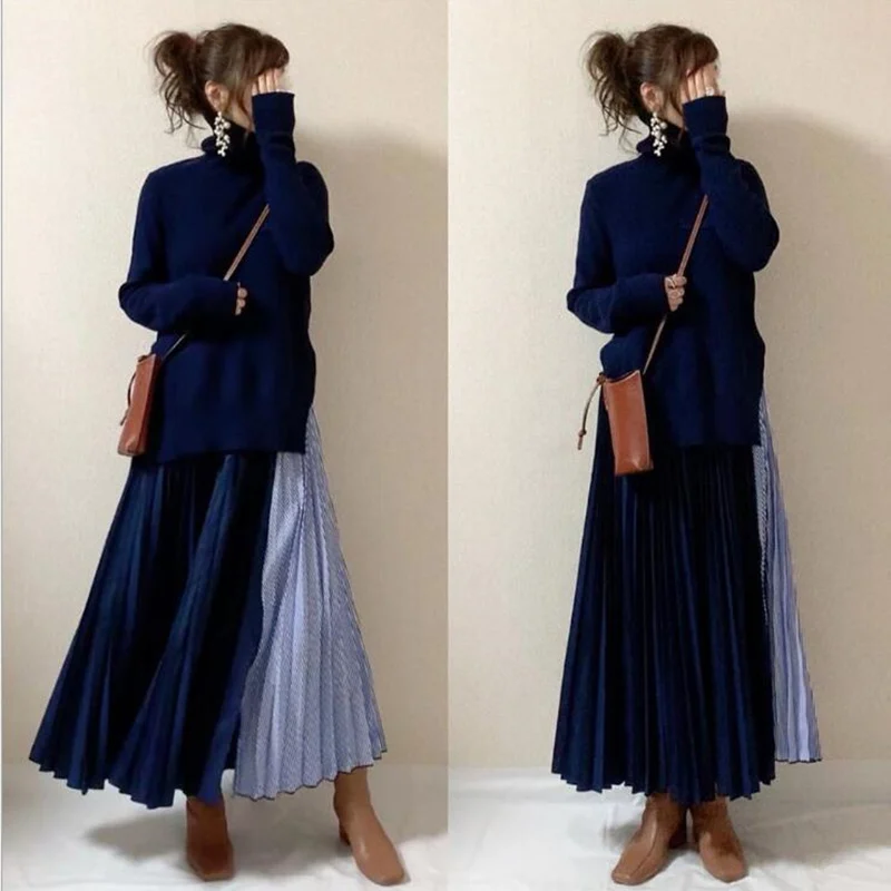 

Женский зимний комплект с юбкой Mandylandy, элегантный вязаный свитер с высоким воротом и юбка с высокой талией в стиле пэчворк, комплект из двух ...